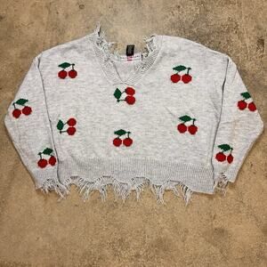 Polly Esther Cherry Cropped Sweater Grey Fringe Sweater XL